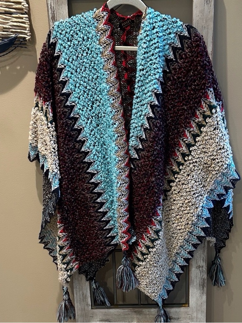 Multi-Color Knit Poncho Sweater - Blue, Cream & Burgundy